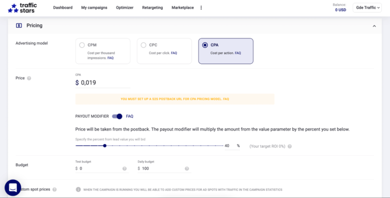 Тизерка TrafficStars с оплатой за CPA: собираешь траф, а платишь за конверсии