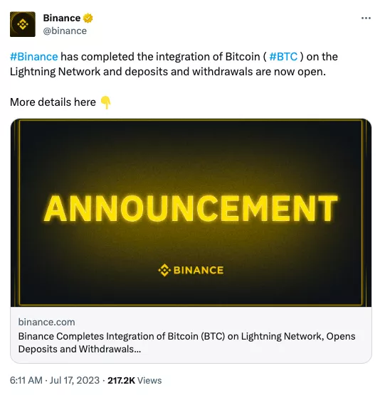 Binance интегрировала сеть Lightning Network