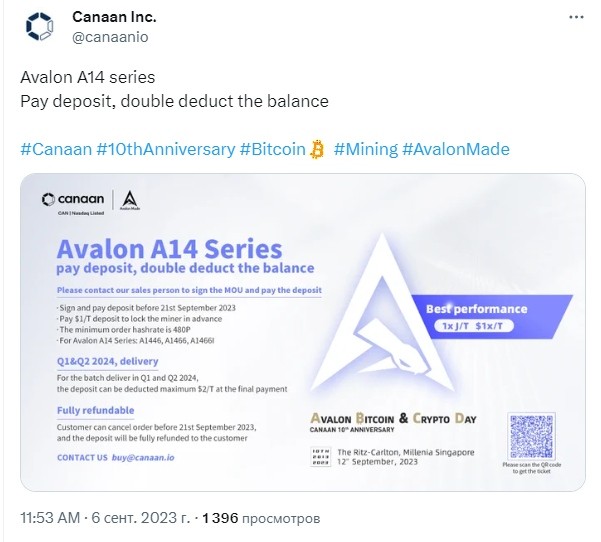 Canaan выпустит биткоин-майнер серии Avalon-14 с эффективностью 1 Дж/т