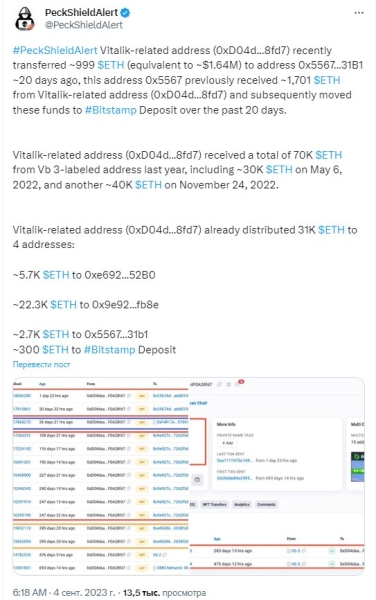 Ethereum-адреса, связанные с Бутериным, переводят на биржи тысячи ETH