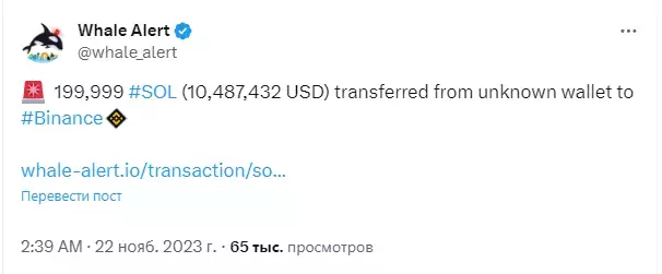 200 000 токенов SOL на сумму $10 млн переведены на Binance. Будет дамп?